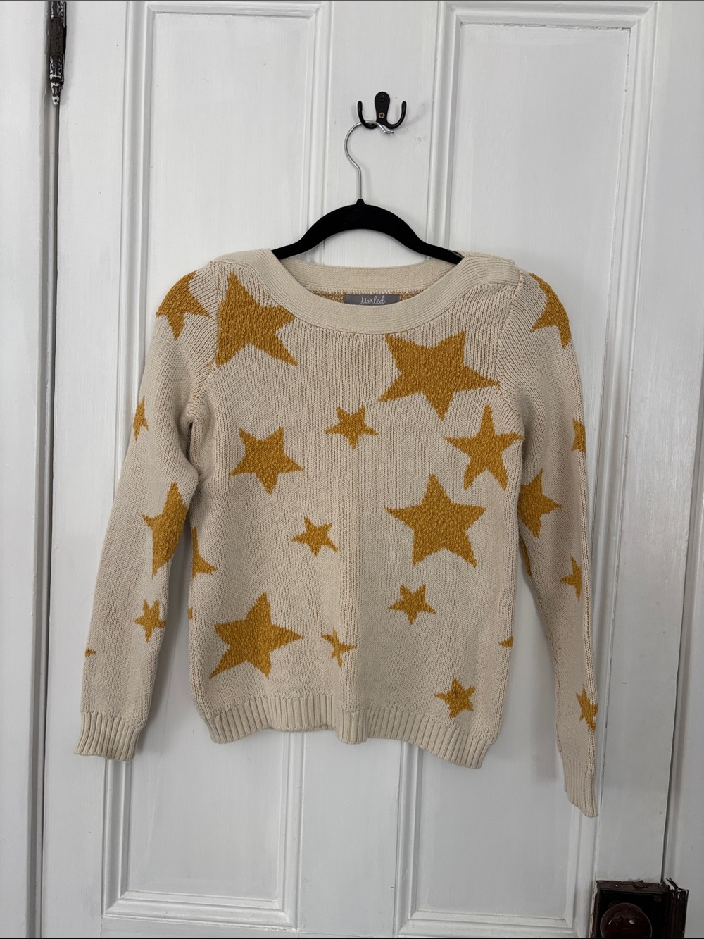 Cream Star Knit Crewneck Sweater with Mustard Stars - Women's